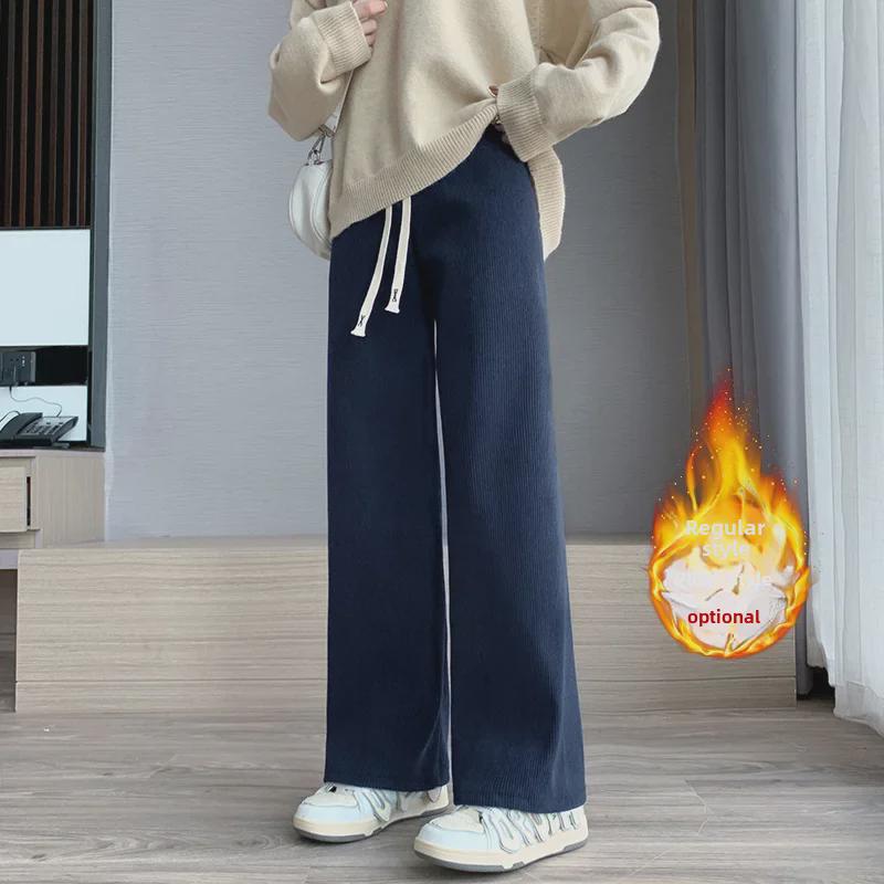 Women's High-Waist Corduroy Wide-Leg Pants: European Cotton Velvet, Autumn/Winter, Slim Drape, Plus Velvet, Casual Straight Fit.