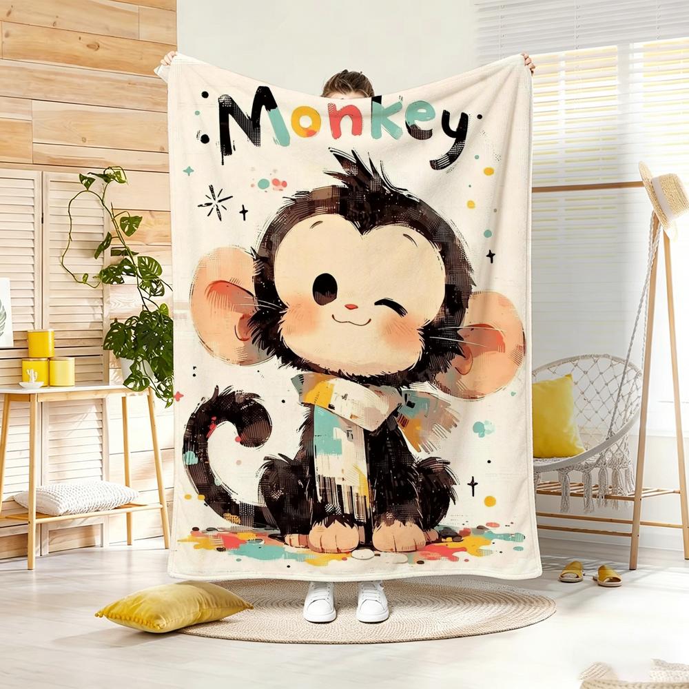 Illustration Cartoon Monkey Throw Lightweight G Flannel Blanket Soft Skinfriendly for Summer Cooling