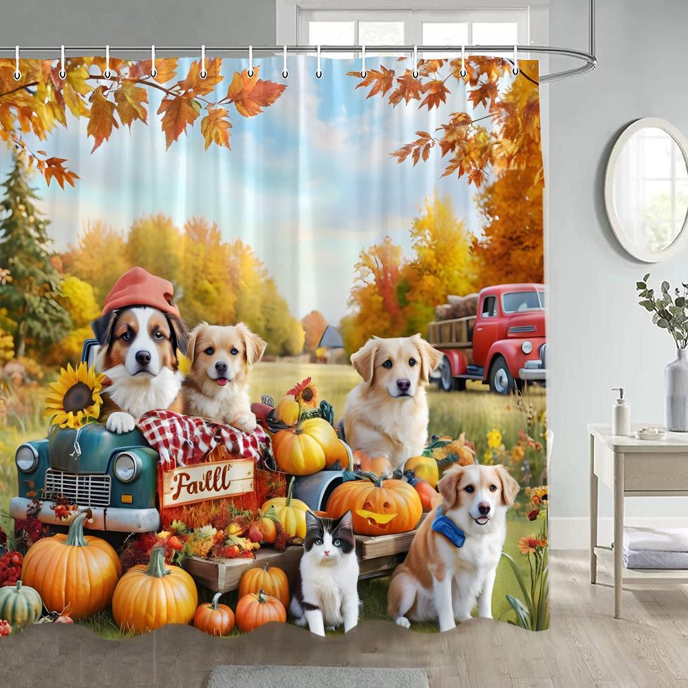 

Autumn Cute Dogs Shower Curtains Pumpkin Maple Trees Farm Truck Animals Sunflower Rustic Bath Curtain Polyester Bathroom Decor W60H190(CM)-1 Pcs