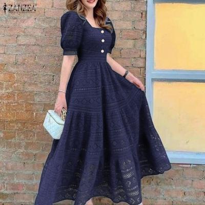 Elegancka damska letnia sukienka casual z koronkowym patchworkiem, z krótkim rękawem, długa