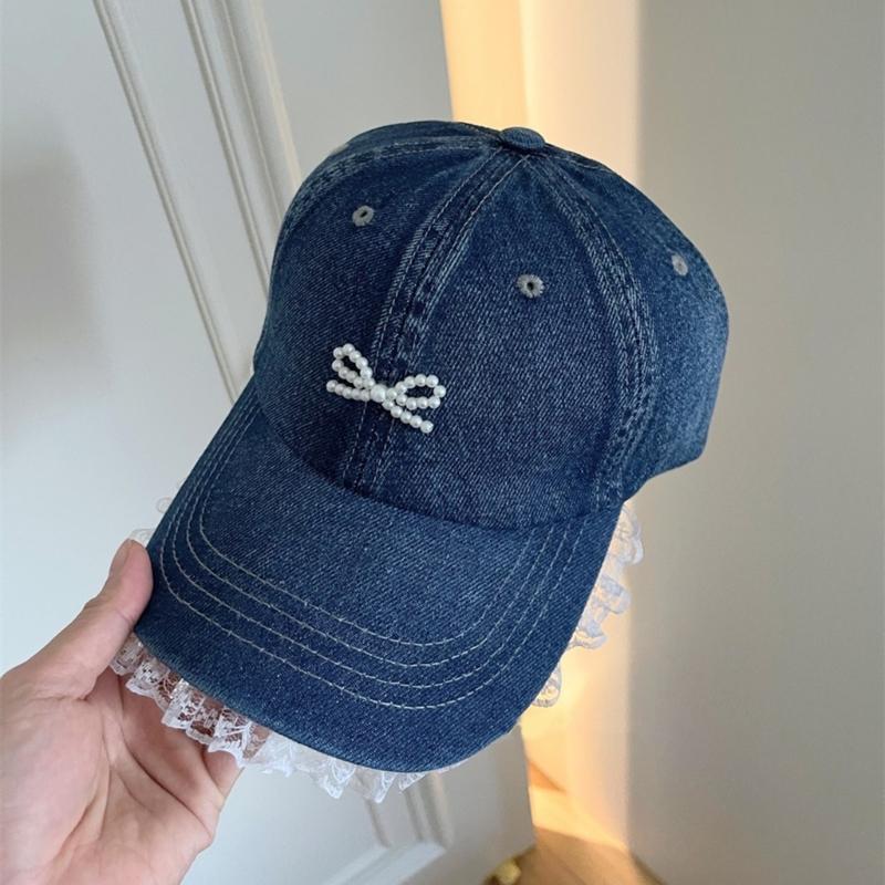 Stylish Women Fabric Baseball Hat with 3D Pearls Bowknot and Lace Trim for Outdoor Sports Activity Breathable Headwear