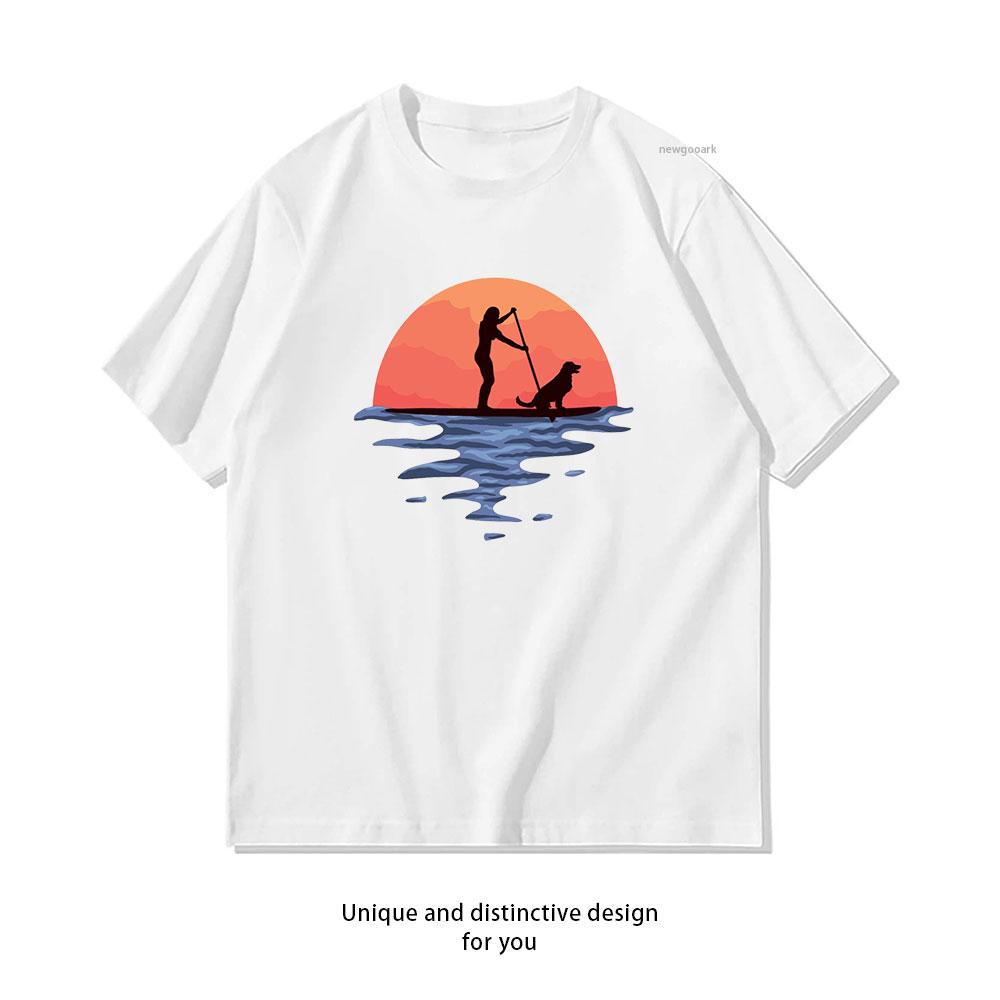 

Sunset Stand Up Paddle Dog And Girl Classic TShirt Women Unisex Casual cotton printed t shirts Creative streetwear camisetas tops 4XL
