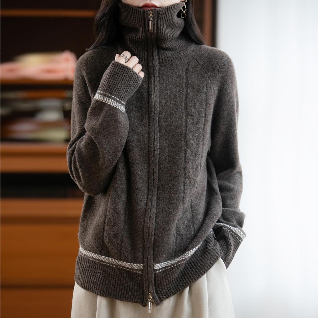 Women's High Neck Retro Cable Knit Cardigan Coat: Double Zipper, Color Block, Loose Fit, Raglan Sleeve, Thickened Knit for Autumn/Winter