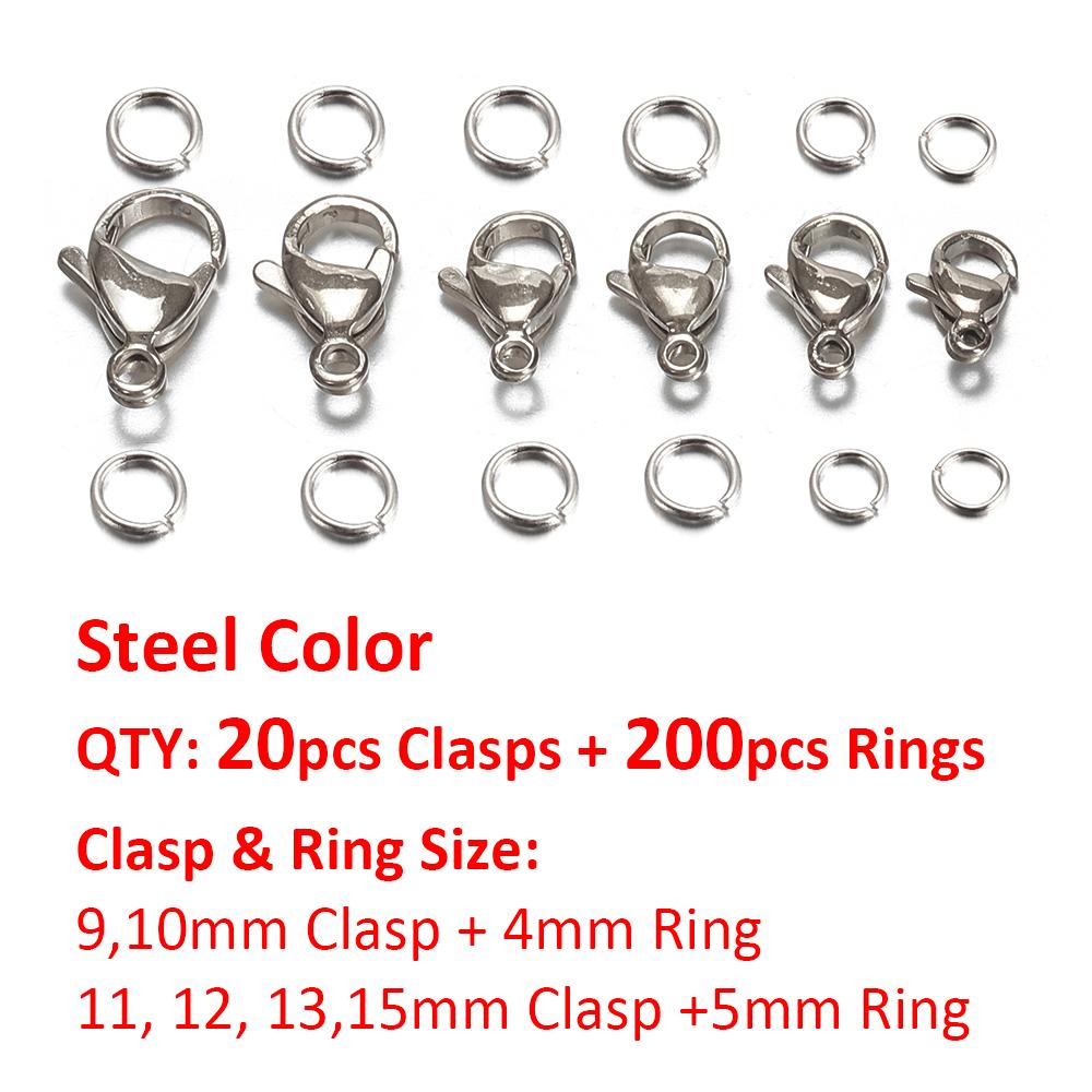 20pcs 9-15mm Stainless Steel Gold Plated Lobster Clasp Jump Rings for Bracelet Necklace Chains DIY Jewelry Making Findings