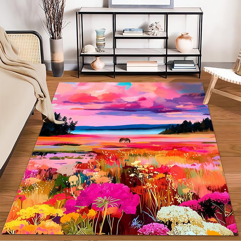 Colorful Nature Landscape Carpet with Sunset, Flowers, and Grazing Horse Suitable for use as an anti-slip for living room bedroom sofas