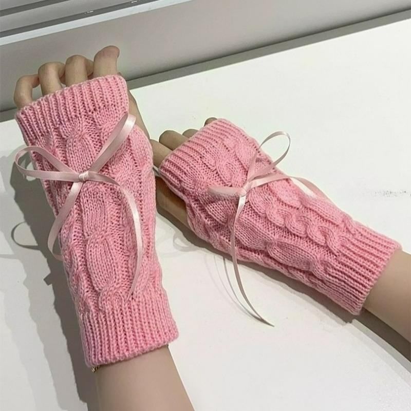 Korean Knitted Gloves Women's Bow Hand Warmer Winter Gloves Fashion Black Pink Knitted Thicken Mitten Fingerless Mittens
