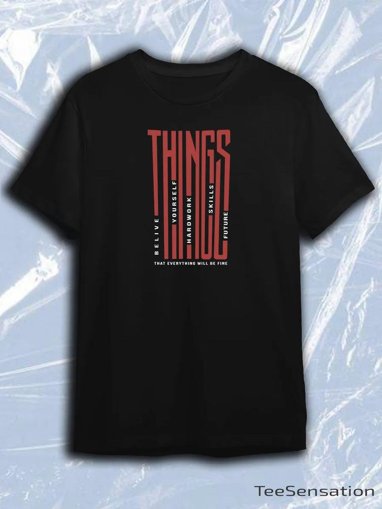 TeeSensation Black Crew Neck Short Sleeve T-Shirt with Red THINGS Vertical Motivational Text