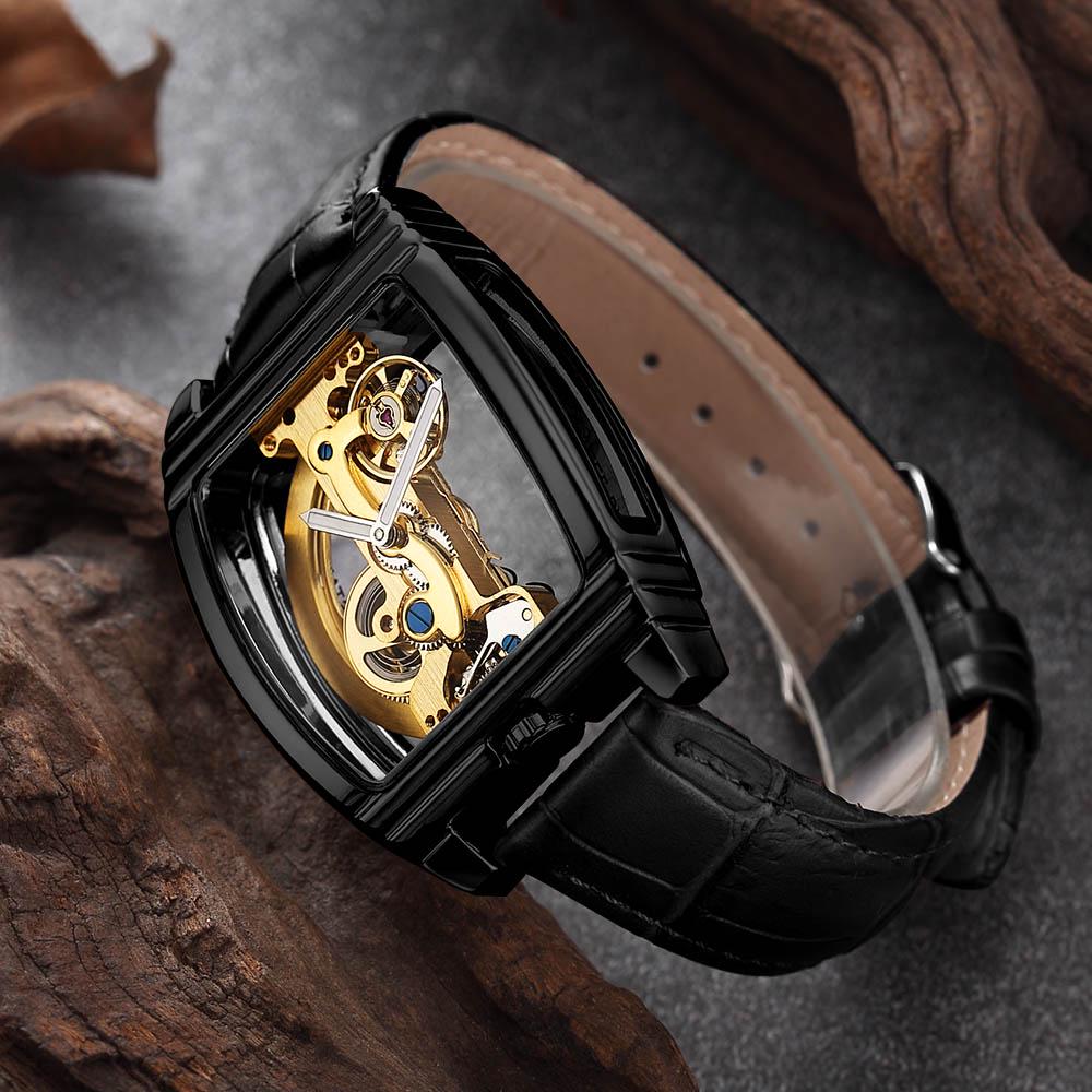Reloj Mecánico Automático Transparente Hombre Steampunk Esqueleto Engranaje de Lujo Cuerda Automática Cuero Relojes de Hombre Montre Homme