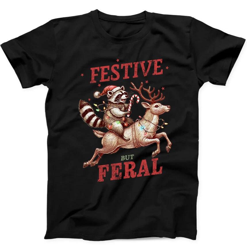 Christmas Raccoon Feral Festive Funny Gift Black Tee T Shirt 185 L