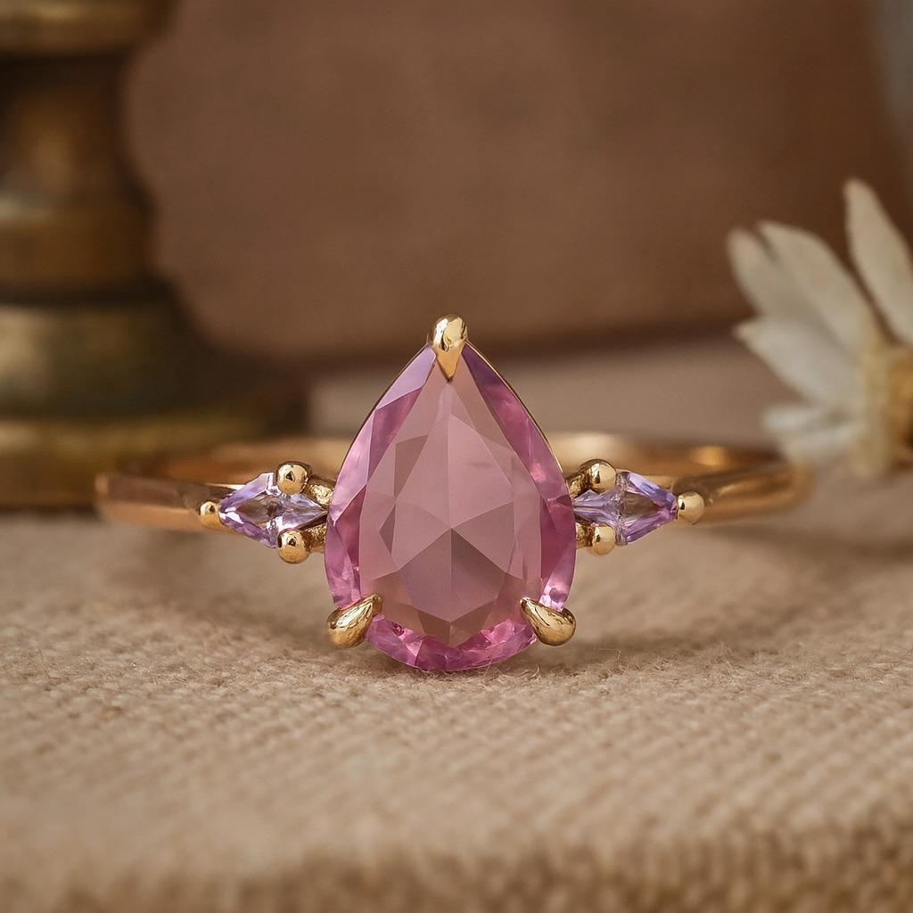 Pink Pear & Kite Cut Sapphire Ring – Yellow Gold Plated Wedding, Engagement, Anniversary, Promise Gift for Women | Birthstone Jewellery