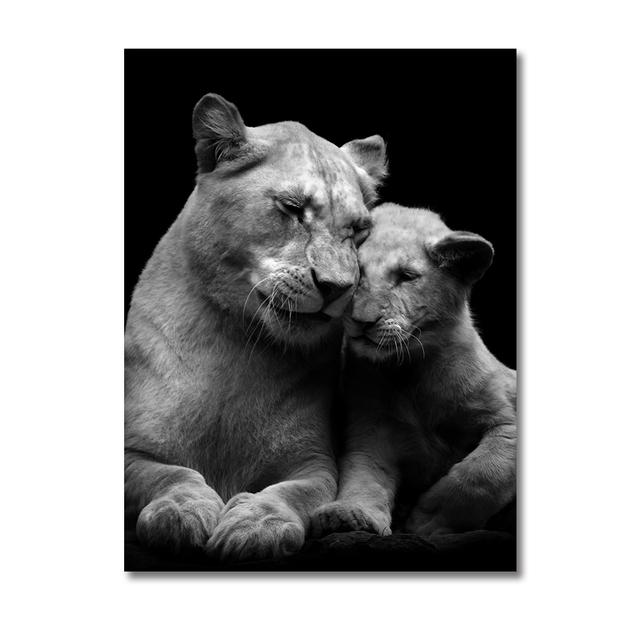 Black and White Wildlife Oil Painting, Tiger, Lion, Elephant Picture, Wall Art Poster and Printmaking Living Room