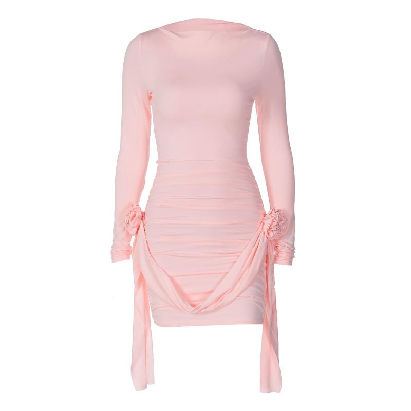 Solid Color Long Sleeve Round Neck Slim Splicing Flutter Flower Dress