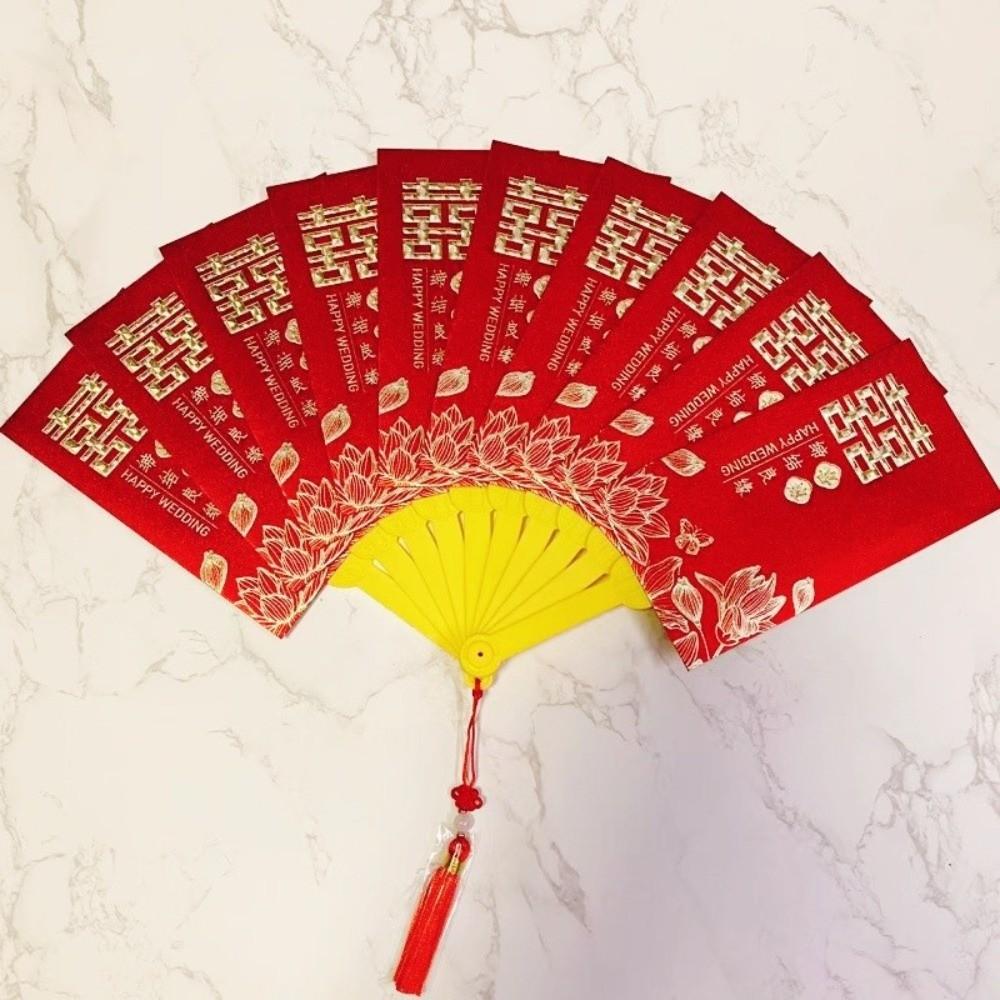 Traditional Fan Design Red Envelope with Chinese Knot Tassel Wedding Money Bag Bonus Paper Hongbao Lucky Money Packet Birthday