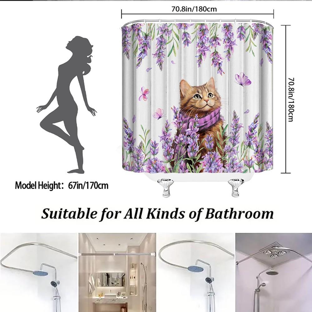 Lavender Cat Shower Curtain Purple Flowers Butterflies Cute Kitten Garden Art Elegant Bathroom Decor Waterproof Quick Setup