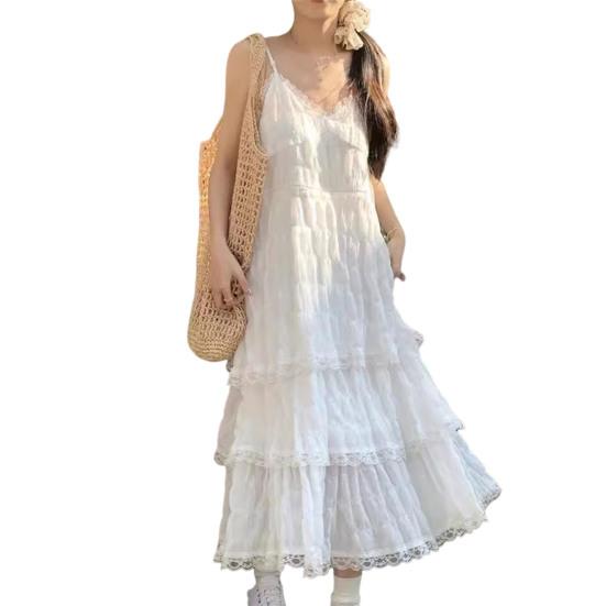 Women Sling Dress V-Neck Sleeveless Multi Layer Lace Splicing Design Maxi Dress Solid Color