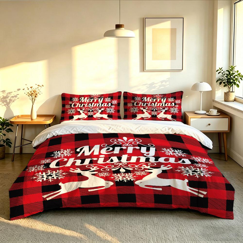 3pcs(1 Bedspread + 2 Pillowcases) Featuring a Red and Black Plaid Christmas Reindeer Perfect for Home Decoration