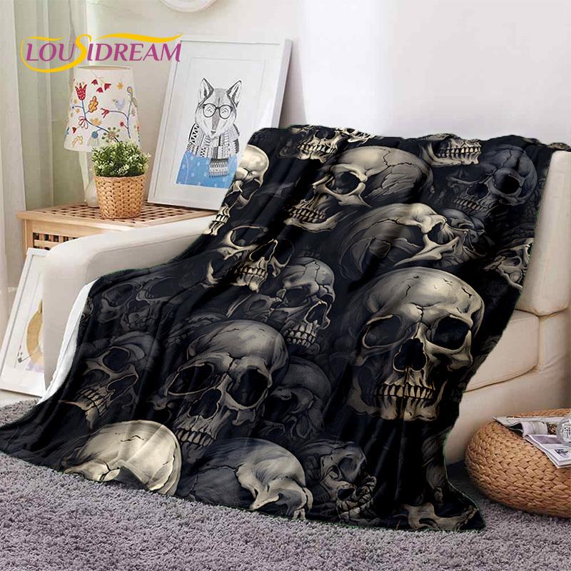 3D Horror Gotycka Czaszka Szkielet Miękkie Flanelowe Kocyki, Koc do Rzucania Wygodny Koc na Piknik Łóżka Kanapę Domową Sypialnię Prezenty