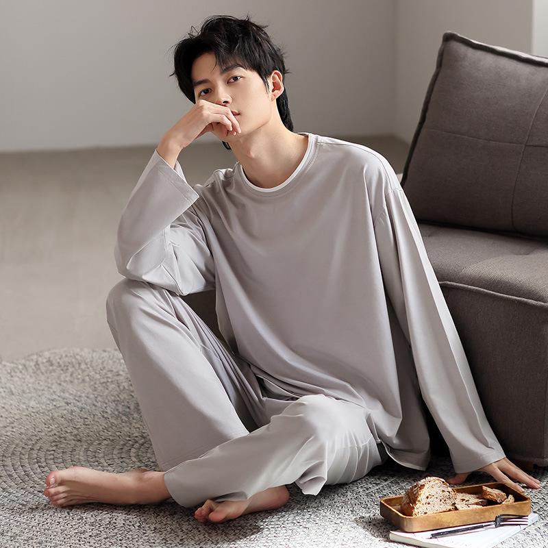 Men's Long Sleeve Loose Pajama Set - Round Neck, Long Pants, Plus Size for Spring & Autumn.