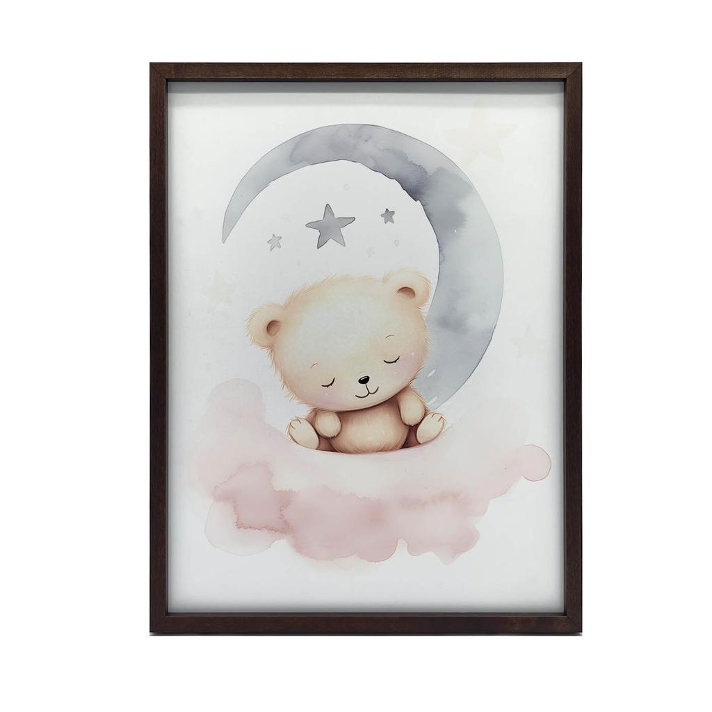 Śpiący Miś Na Różowej Chmurce Śpiący Miś Na Różowej Chmurce, 50X70 Cm, Rama Drewniana Ciemny Brąz, Papier Matowy 230 Gsm