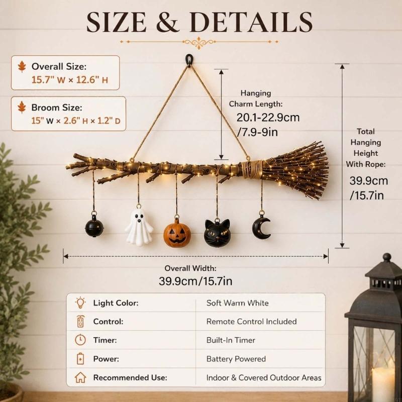 Halloween Lighted Witch Broom Hanging Decors with Warm Light and Ghostly Pumpkins Cats Charm for Entryway Wall Window Party