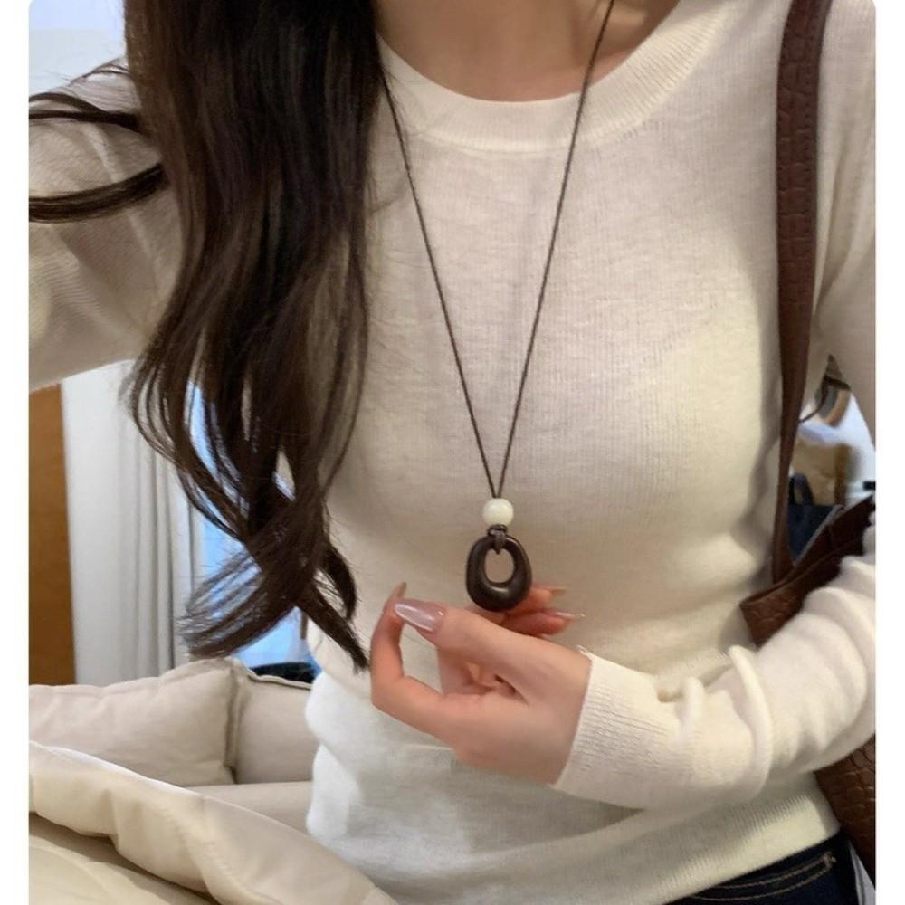 Leather Rope Geometric Pendant Necklace Adjustable Length Sweater Chain  Women