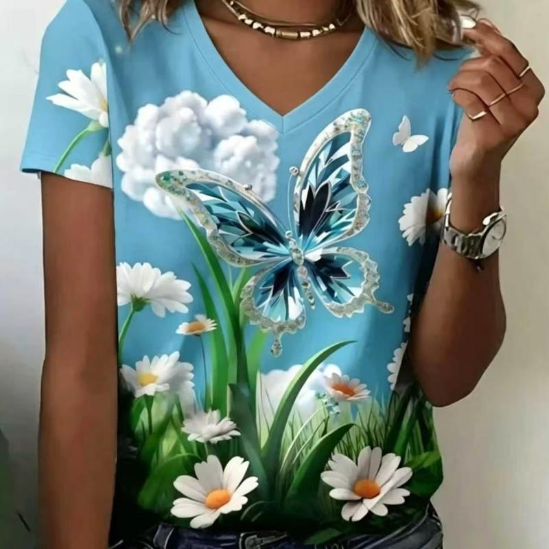 Summer Ladies 3D Printed V-Neck T-Shirt Fashion Versatile Breathable Trend Casual