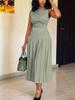 Cross Casual Solid Sleeveless A-Line Pleated Dress