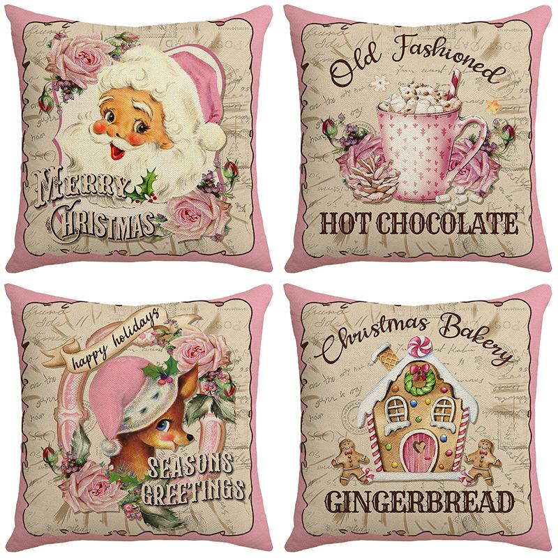 Pink Cute Santa Claus Pillowcase, Linen Print Pillow, Bedroom Bedside Cushion, Sofa Cushion, Festive Atmosphere