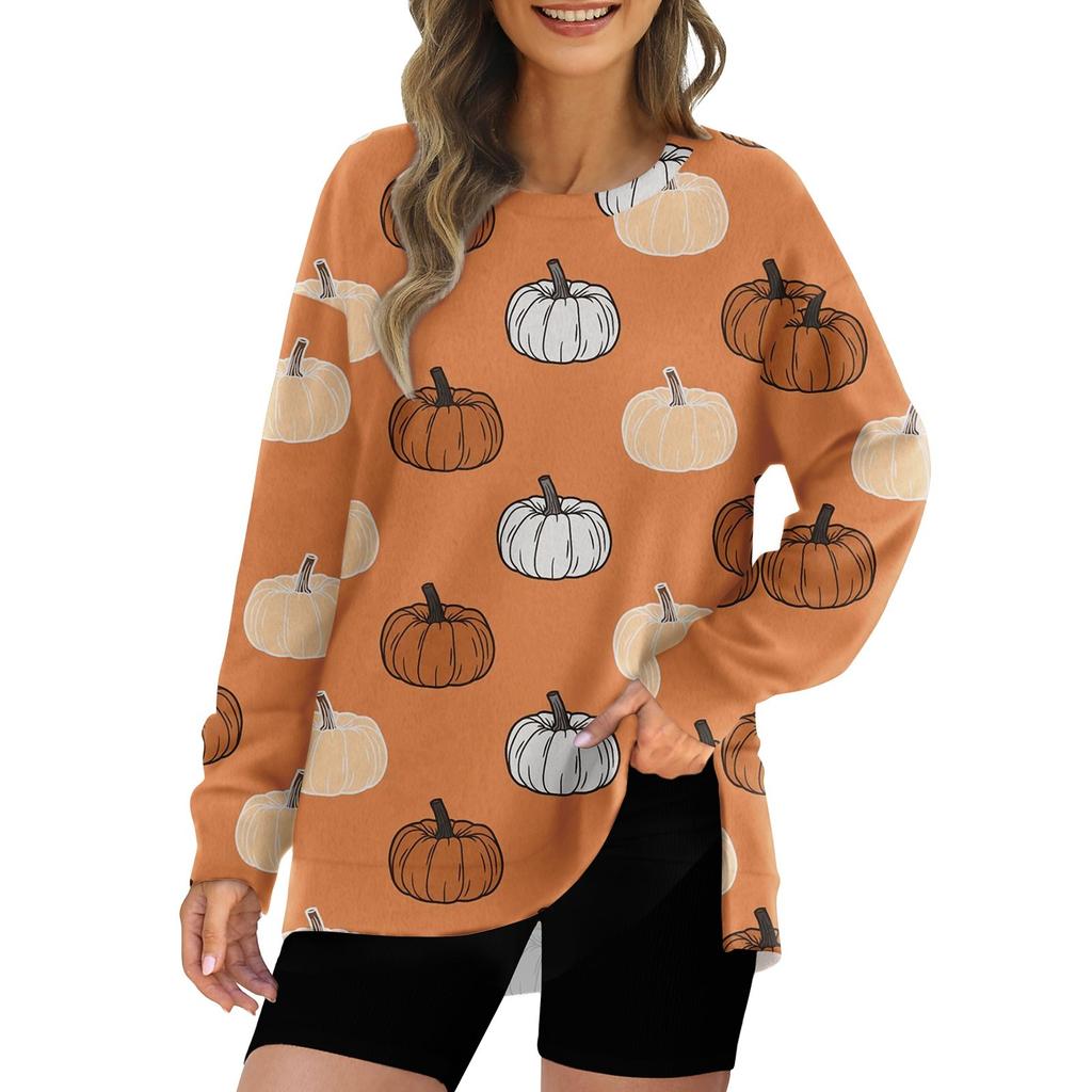 Women's Fashion Side Split Round Neck Pullover Long Sleeve Halloween Printed Top Sweatshirt