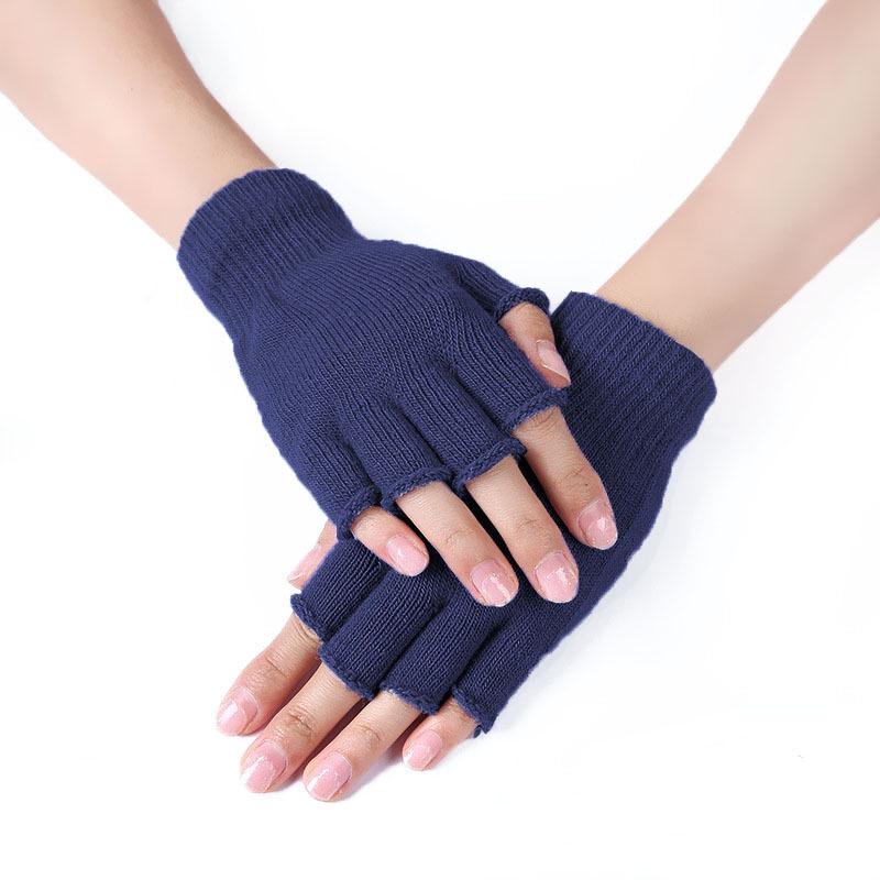 Black Short Half Finger Fingerless Knit Gloves Solid Color Half Finger Knitted Mitten Autumn Winter Outdoor Motor Driving Gloves