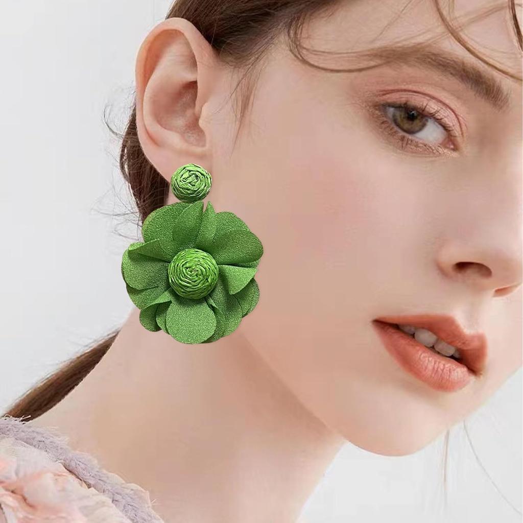 Rattan Earrings Summer Boho Handwoven Big Fabric Chiffon Rattan Flower Drop Earrings Statement Tropical Beach Vacation Jewelry