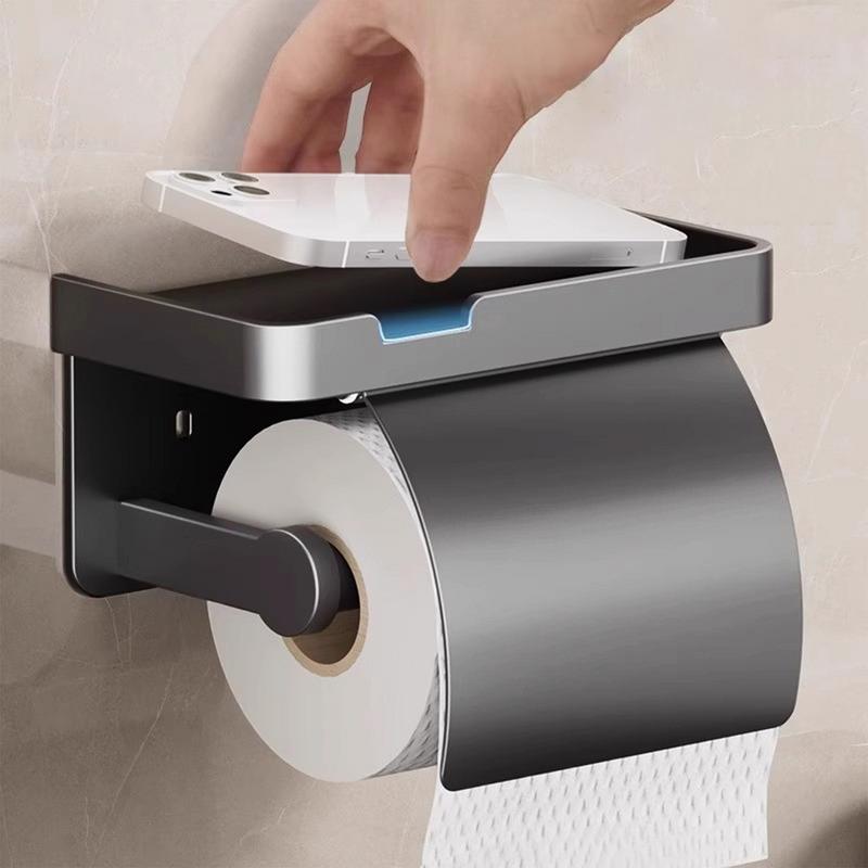 Metal Toilet Tissue Holder Bathroom Tissue Holders With Cell Phone Shelf Toilet Paper Dispenser No Drilling Fits Different Home
