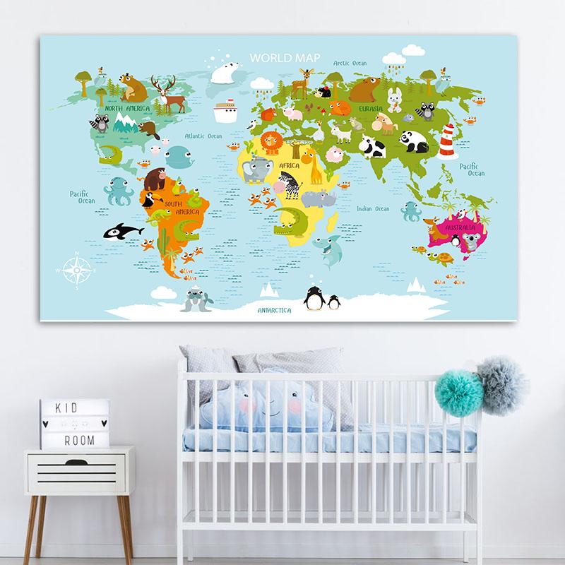 Cartoon Ocean Animal World Map Wall Art Canvas Painting Nordic Posters And Prints Nursery Wall Pictures For Kids Room Decoration
