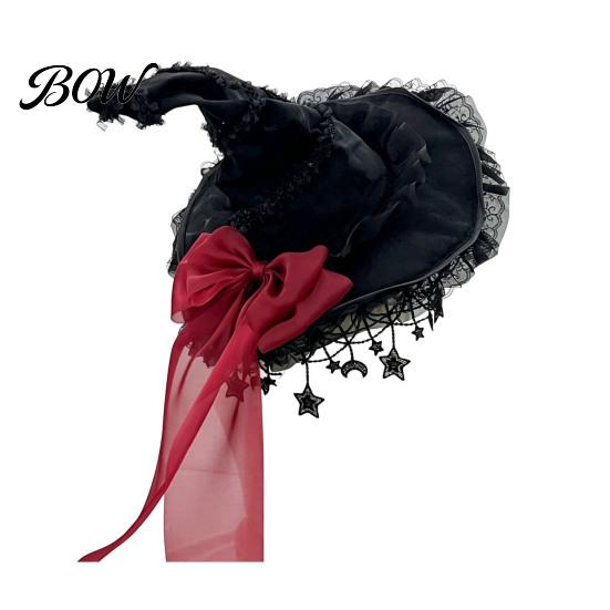 Witch Hat for Halloween Gothic Women, Dark Lolita Style Costume Accessory, Lightweight Fashionable Daily Wear with Lace & Bow, Adjustable Headwear