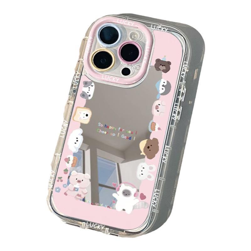 Pink Mirror Cream Shell Suitable for Apple 15promax Mobile Phone Case Cartoon Zoo IPhone14 16 13