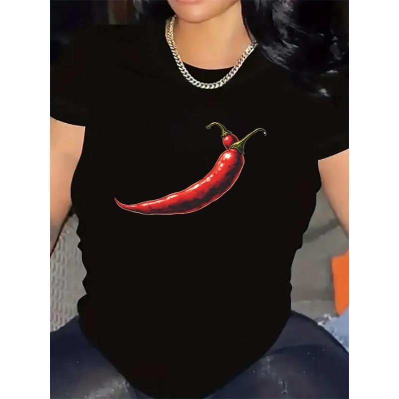 WomenS Black Sleeve T-Shirt with Red Chili Pepper Print Comfortable Round Neck Top Kitchen Restaurant Wear Aesthetic Clothes