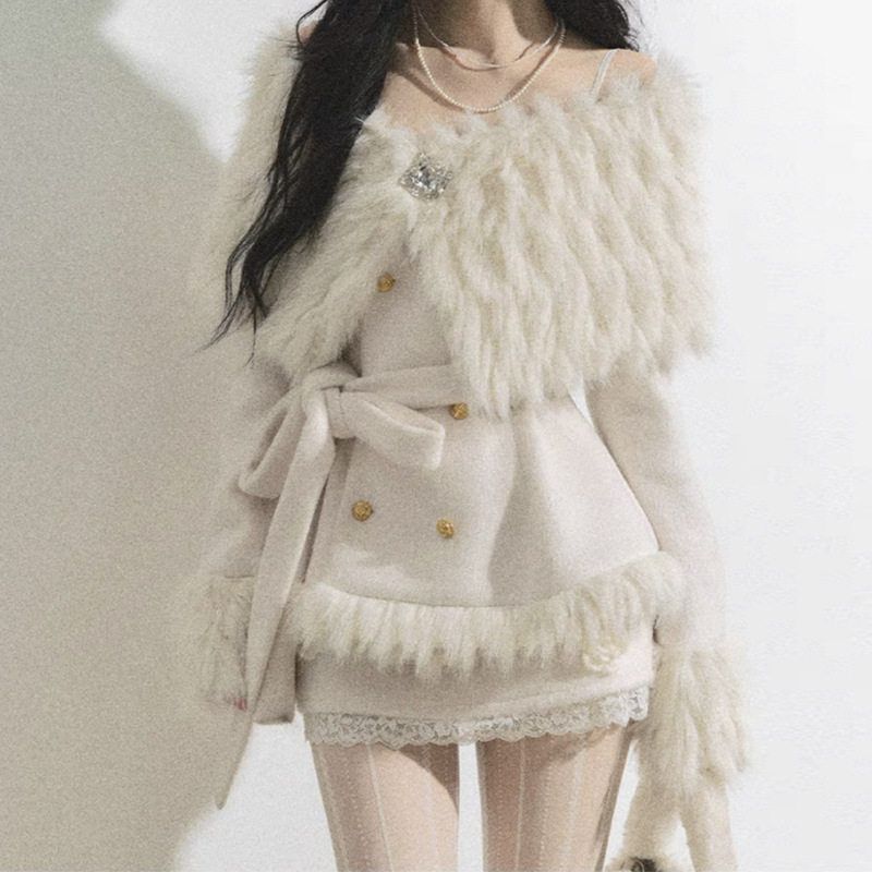 

Atmospheric Pure Desire Style Outfit for Women, Autumn and Winter Fur Patchwork Warm Woolen Coat and Hip-Hugging Skirt Two-Piece Set Jacket + Skirt (Comes with Belt) High Quality S