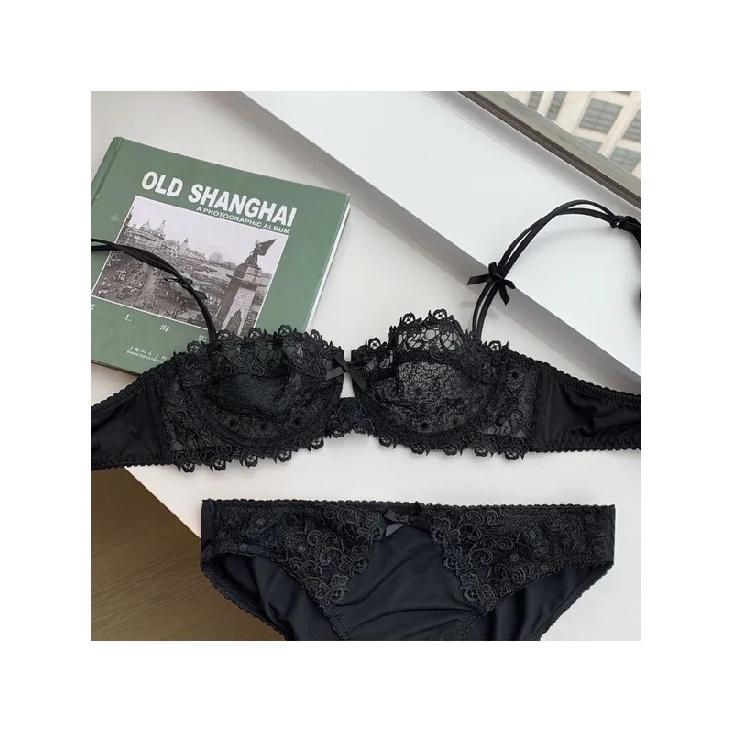 Sexy Lace Bra Set for Women Plus Size Half Cup Sheer Ultra Thin Nipple Concealed Erotic Lingerie Push Up Comfort Underwear Set