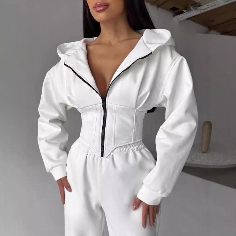 Design de jaqueta curta de rua europeia e americana para garota gostosa com modelagem de cintura tipo espartilho e moletom com zíper emagrecedor