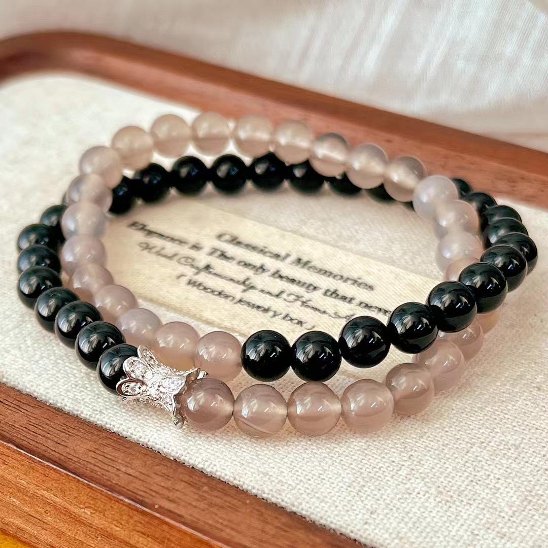 Retro High Quality Natural Gray Chalcedony Black Agate Bracelet Bracelet