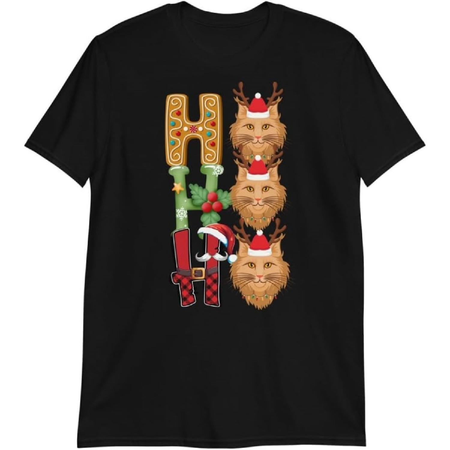 HO HO HO Santa Maine Coon Christmas T-Shirt _ Cat Lover Shirt S