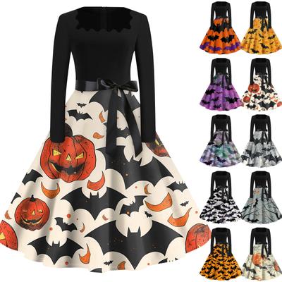 Halloween Print Flare Šaty pro ženy Šaty s dlouhým rukávem Duté společenské šaty pro volný čas