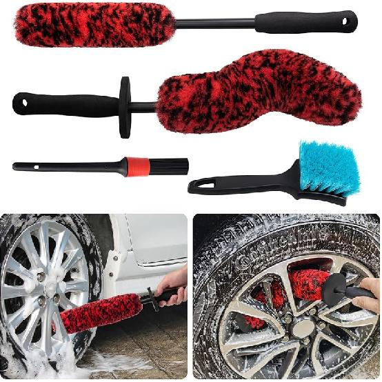 4 Pack Wheel Tire Cleaning Brush Kit Cars Motorcycles RVs Trucks Rim Hub Ultra Soft Microfiber No Spatter 360 Bendable Synthetic Woolies Wash