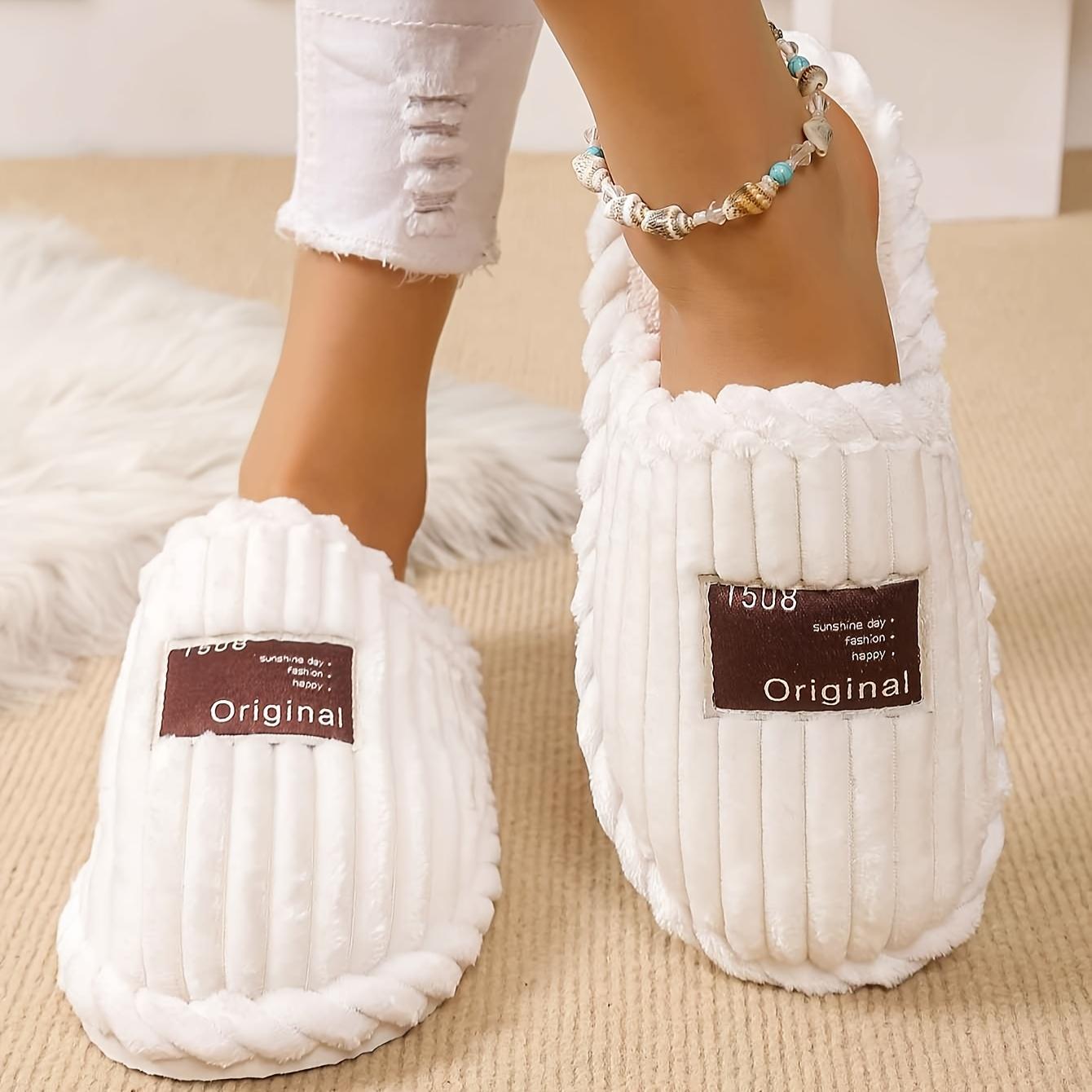 

1 Pair Cozy Velvet Home Slippers for Women - Casual Solid Color Striped Winter Slip-On Indoor Shoes with EVA Sole and Fabric Insole - Hand Washable 36-37 білий