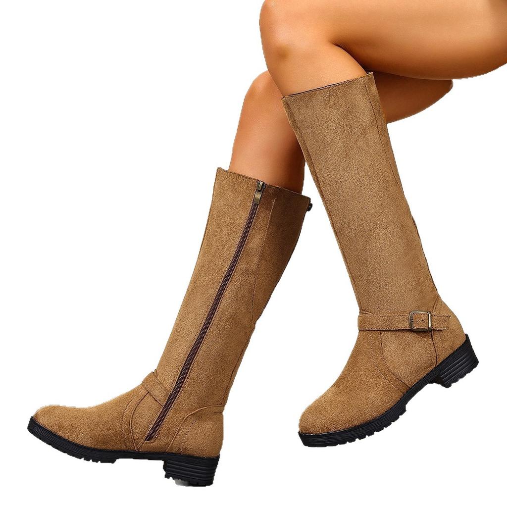 Belt Buckle Suede Knight Boots Winter Large Size Skinny Low Heel High Boots Women