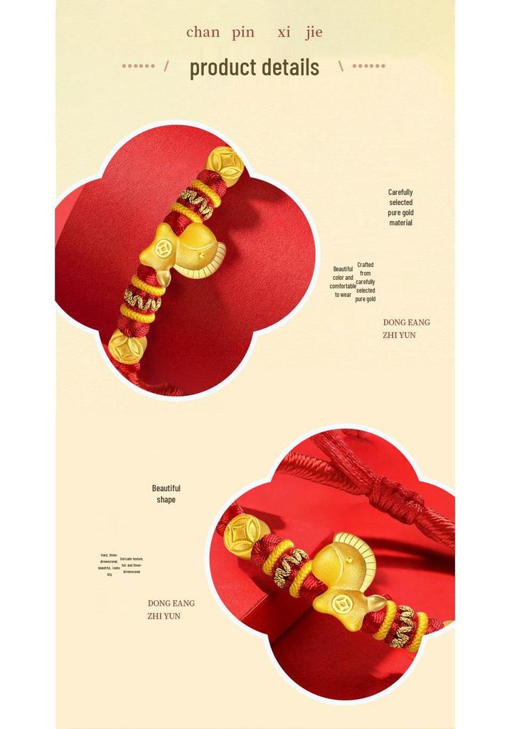 Gold 999 Zodiac Horse Charm Bracelet with Red Rope - Birth Year Gift for Girlfriend