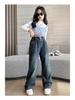 Girls' 2024 Spring & Autumn Fleece-Lined Wide-Leg Jeans - Straight-Leg Style for Winter, Suitable for Middle and Big Children.