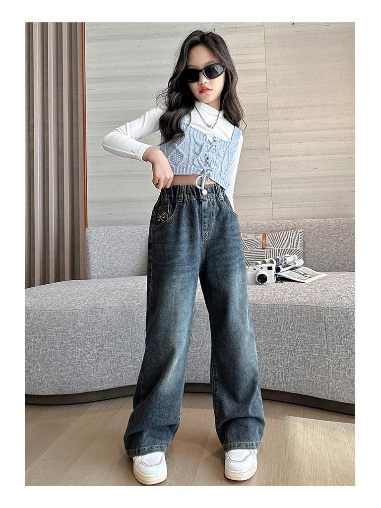 Girls' 2024 Spring & Autumn Fleece-Lined Wide-Leg Jeans - Straight-Leg Style for Winter, Suitable for Middle and Big Children.