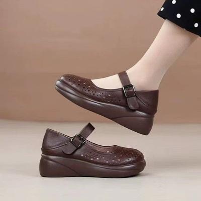 Shallow Mouth Hole Sandals Women's Spring and Summer New Muffin Thick-soled Wedge Heel Round Head Elegant Retro Style Soft-soled Single Shoes