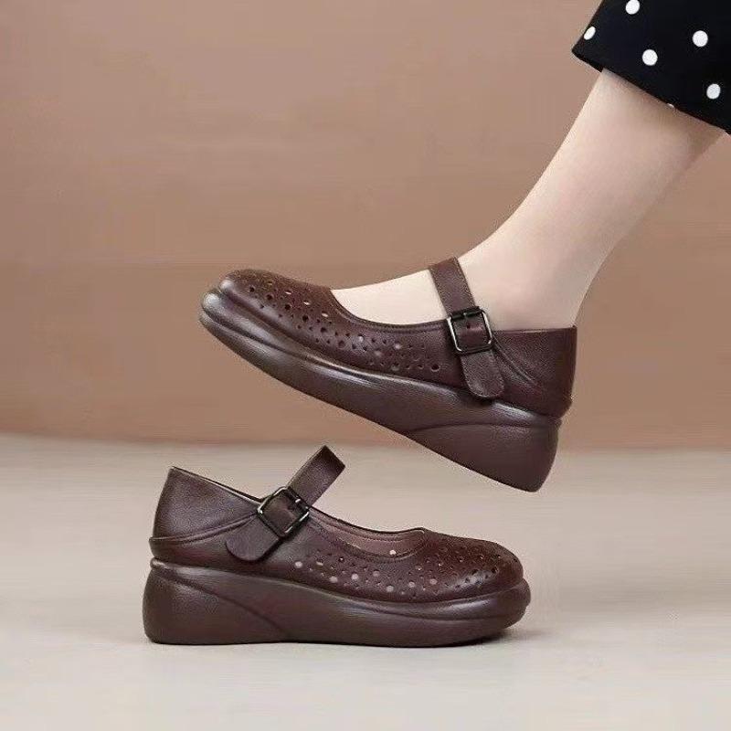 Shallow mouth hole sandals women's spring and summer new muffin thick-soled wedge heel round head elegant retro style soft-soled single shoes